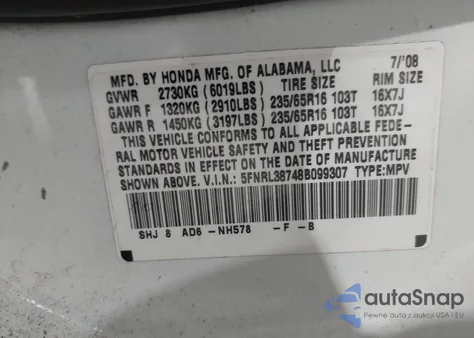 2008 Honda Odyssey Ex-L from USA, damaged, VIN 5FNRL38748B099307